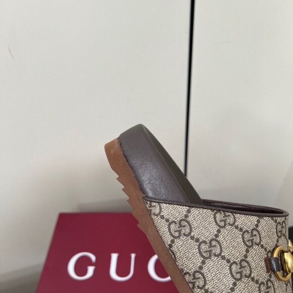 Gucci Women\'s Beige GG Canvas Mules with Gold Hardware